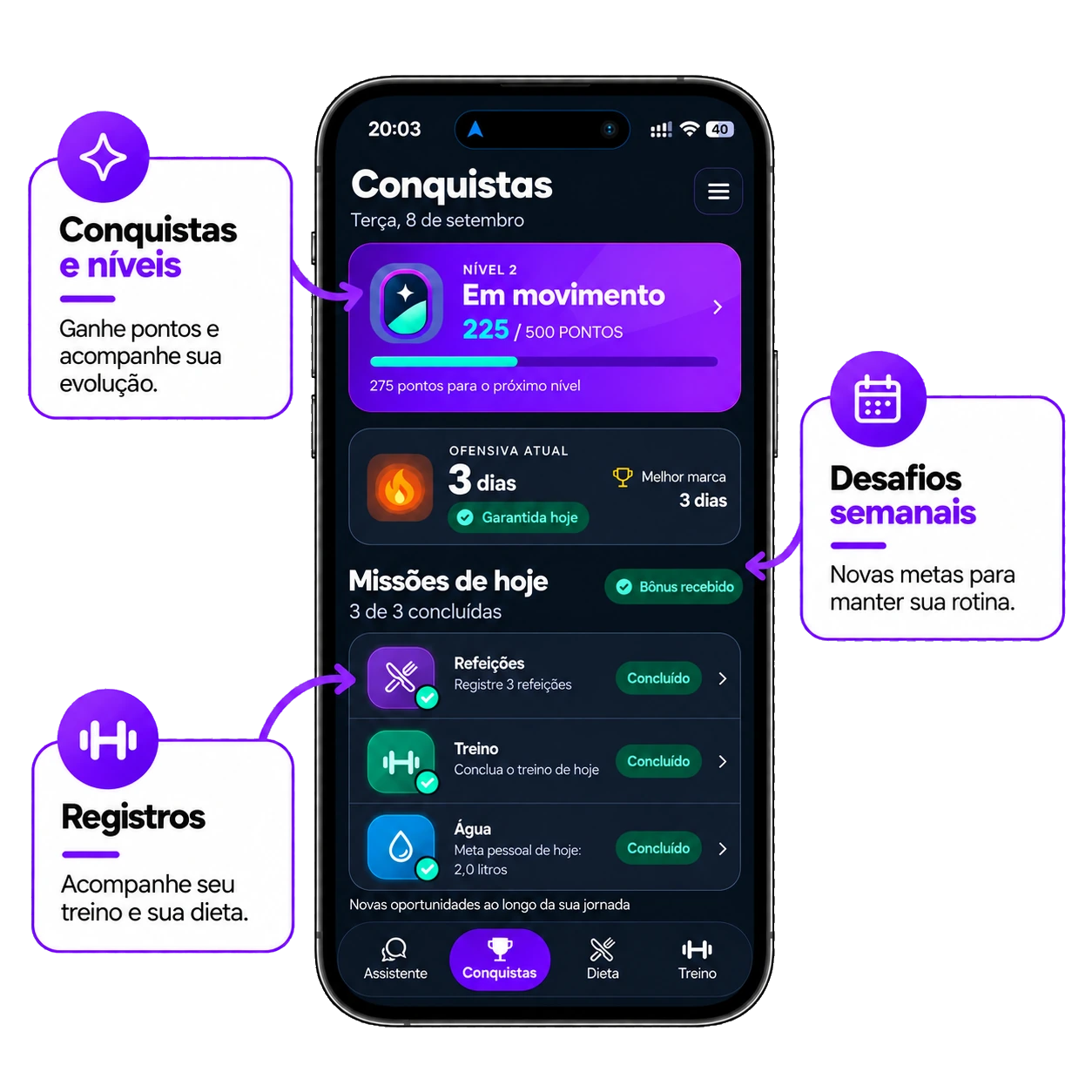 Tela de conquistas da Korpoo com pontos, níveis, desafios semanais e metas diárias de refeições, treino e água